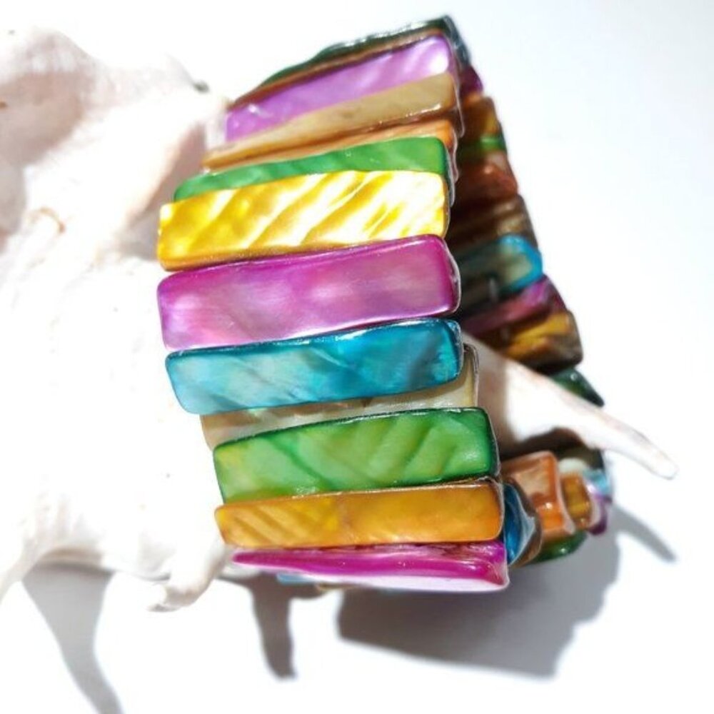 Rainbow MOP Shell Bracelet Stretch Cuff Pride Boho